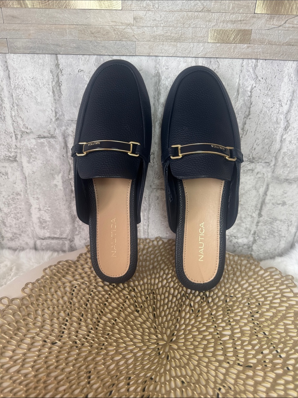 Nautica Black Slip-On Mule Loafers with Gold Bit